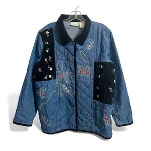 220 Hickory Quilted Denim Jacket Size Large Blue Boho Chore Coat Cottagecore VTG